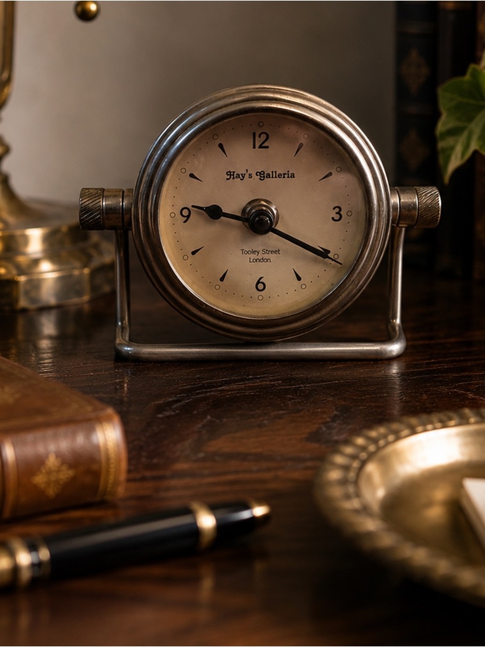 Heavy silver antique Hay’s Galleria London desk/table clock